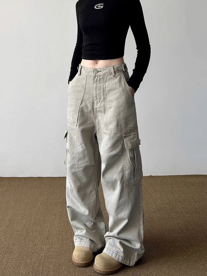 Women’s Y2K Light Khaki Baggy Cargo Jeans Bottom – Wide Leg Casual Streetwear