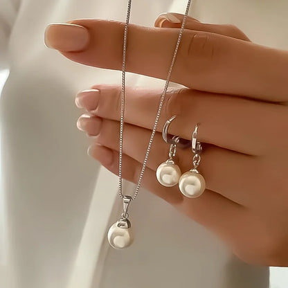 Women’s 3PCS Pearl Jewelry Set – Elegant Round Necklace & Earrings for Wedding or Gift