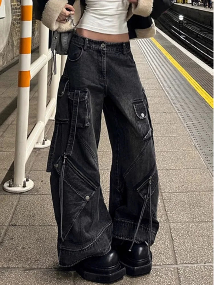 Women’s Punk Y2K Washed Black Cargo Jeans – Wide-Leg Baggy Streetwear Pants with Pockets