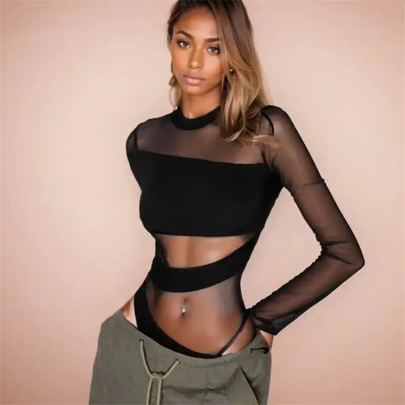 Women’s Cut Cross Bodysuit | Long Sleeve Hollow O-Neck Slim Top | Spring Summer Clubwear Sexy Black Top