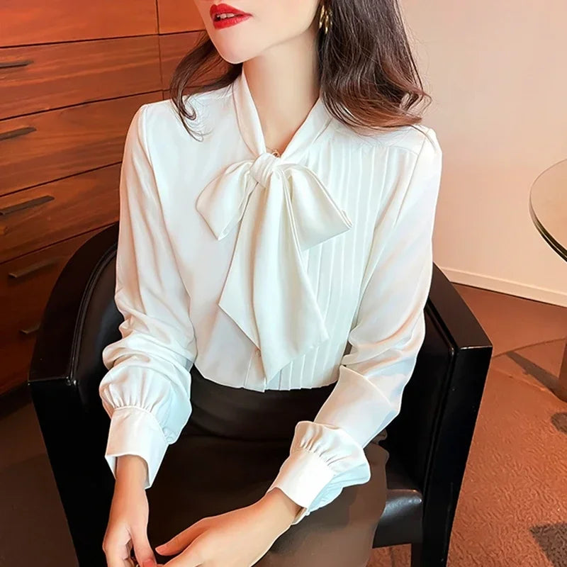 Women’s Elegant Bow Neck Chiffon Shirt Top | Long Sleeve Korean Office Blouse Y2K Workwear