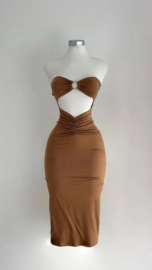Women’s Solid Color Strapless Cutout Maxi Dress – Sexy Sleeveless Party Dress