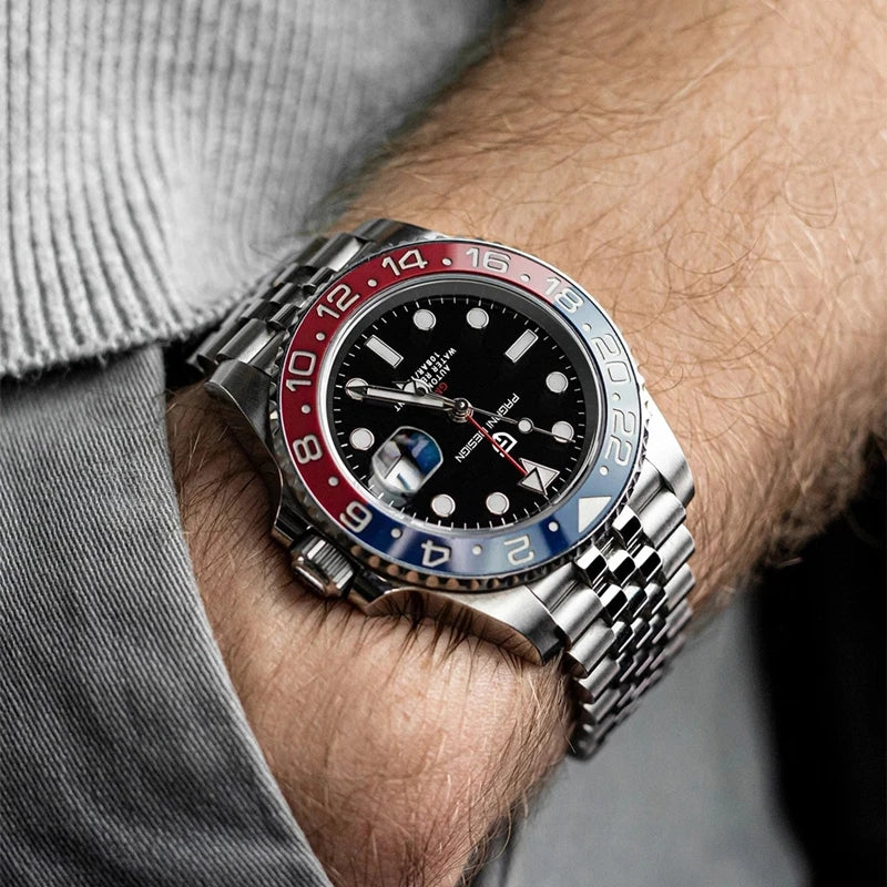 Men’s Luxury GMT Automatic Watch – Sapphire Mechanical 40MM Stainless Steel Waterproof Wristwatch