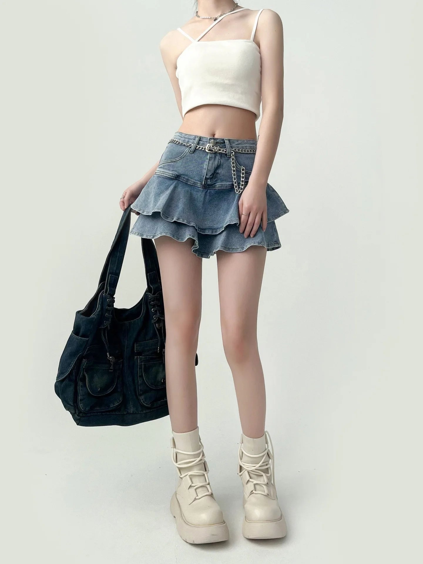 Women’s Spice Girls Denim Skirt Bottom – High-Waisted Stretch Slim A-Line Double Denim Cake Skirt