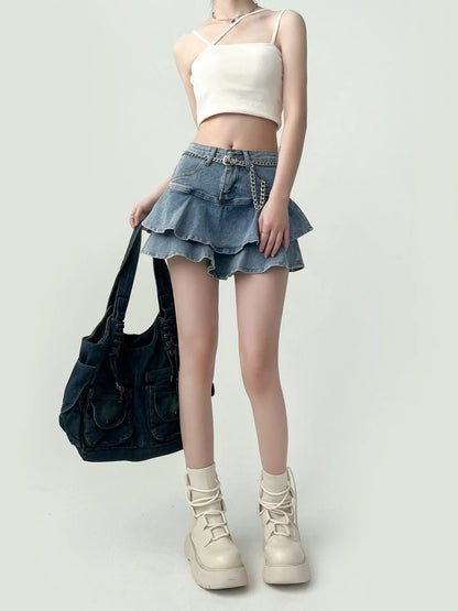 Women’s Spice Girls Denim Skirt Bottom – High-Waisted Stretch Slim A-Line Double Denim Cake Skirt