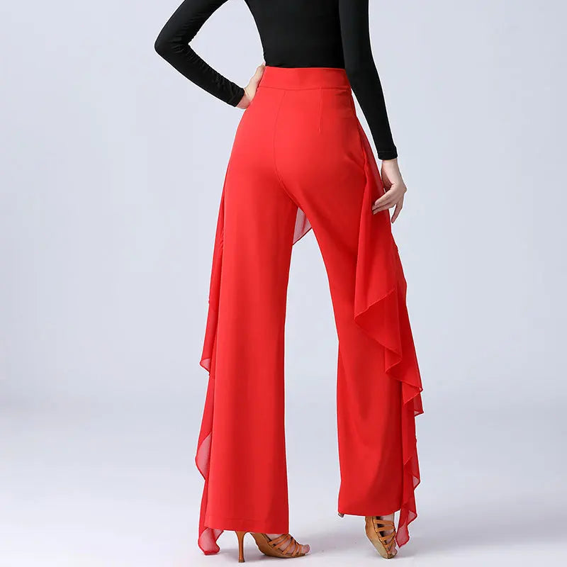 Women’s High-Waist Ruffle Dance Pants – Latin, Tango & Samba Performance Wide-Leg Trousers