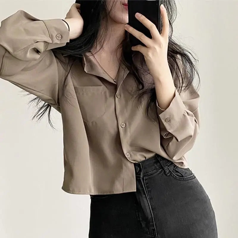 Women’s Long Sleeve Shirt & Blouse – Single Breasted OL Casual Solid Short Top | Elegant Fashion