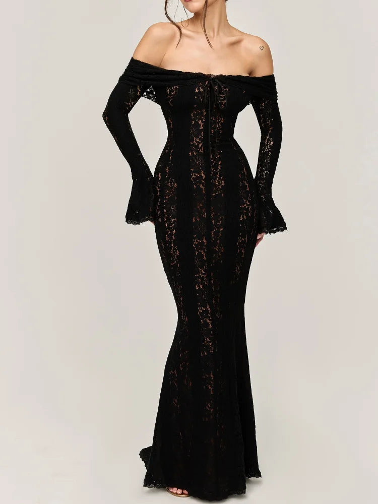 Women’s Lace Hollow Out Strapless Gown – Elegant Off Shoulder Backless Maxi Dress for Party & Evening Events