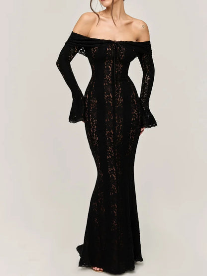 Women’s Lace Hollow Out Strapless Gown – Elegant Off Shoulder Backless Maxi Dress for Party & Evening Events