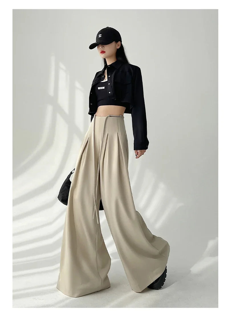 Women’s Streetwear Wide Leg Pants Bottom – Korean High Waist Lace-Up Suit Trousers, Elegant Black Summer Fashion