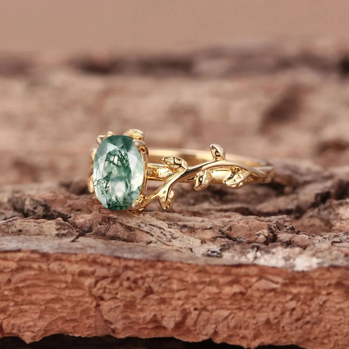 Women’s 925 Sterling Silver Moss Agate Oval Ring – Leaf Branch Cocktail Ring, Elegant Jewelry