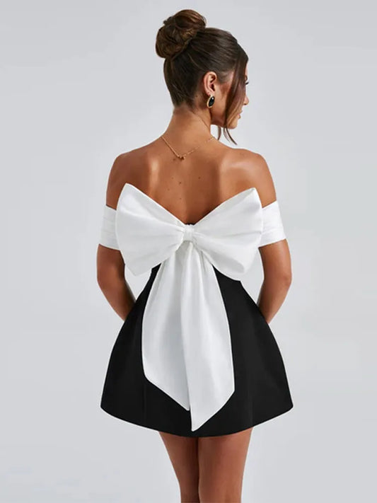 Women’s Strapless 3D Bow Evening Mini Dress – Sexy Backless Contrast Color Elegant Dress For Party