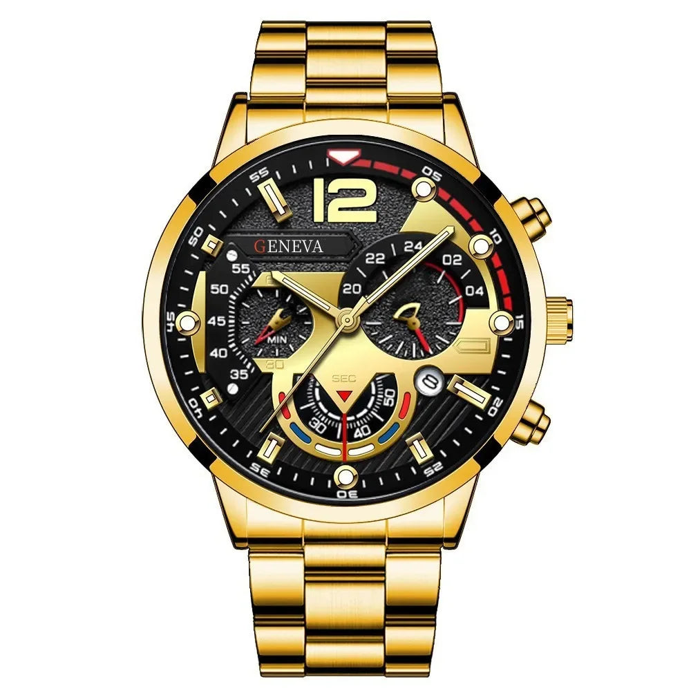 Men’s Luxury Quartz Watch Gift Jewelry Set – Gold Roman Calendar Wristwatch with Cross Necklace, Bracelet & Ring