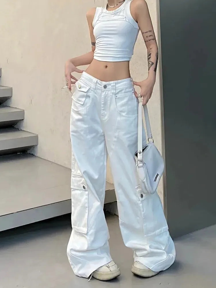 Women’s Korean Y2K Cargo Jeans Bottom – White Baggy Kpop Pants, Straight Wide Leg Elegant Trousers for Casual Streetwear Outfits