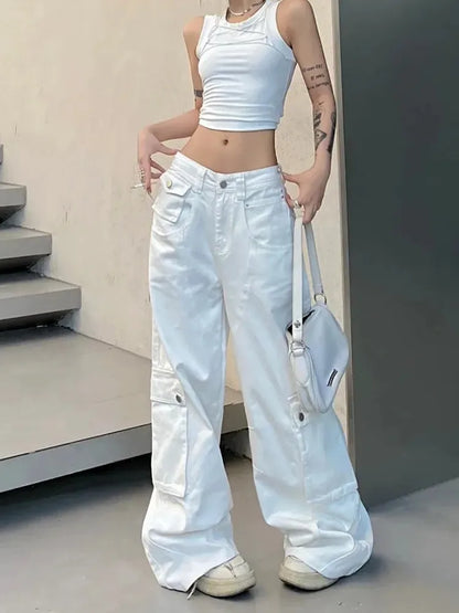 Women’s Korean Y2K Cargo Jeans Bottom – White Baggy Kpop Pants, Straight Wide Leg Elegant Trousers for Casual Streetwear Outfits