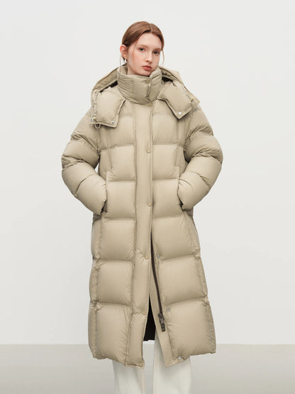 Women’s Long Puffer Jacket Outerwear – Hooded Two-Tone Down