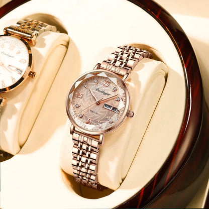 Women’s Luxury Stainless Steel Watch | Waterproof Luminous Quartz Wristwatch with Date & Week Display