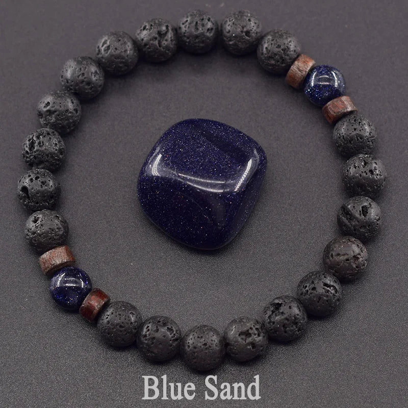 Men’s Tiger Eye & Lava Stone Bead Bracelet – Tibetan Buddha Elastic Wristband Jewelry