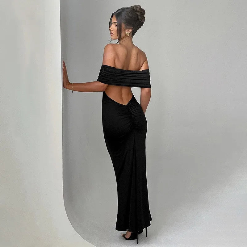 Women’s Off-Shoulder Backless Dress – Elegant Pleated High Slit Evening Party Dress
