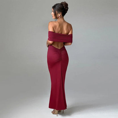 Women’s Off-Shoulder Backless Dress – Elegant Pleated High Slit Evening Party Dress