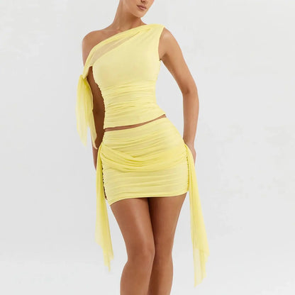 Women’s Elegant Pleated One-Shoulder Summer Set