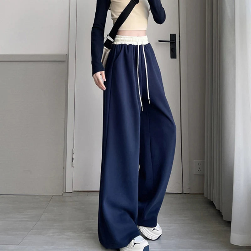 Women’s Contrast Color Drawstring Wide Leg Pants – Streetwear Loose Sport Bottoms