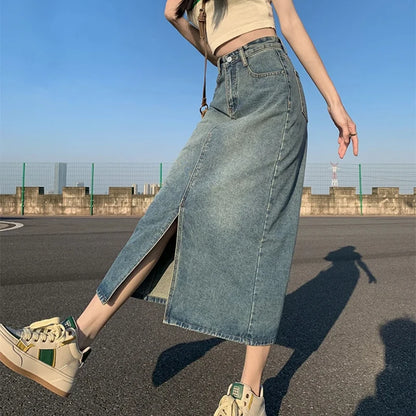 Women’s High-Waist Slit Denim Skirt Bottom – Washed Retro A-Line Straight Long Skirt