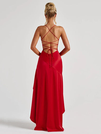 Women’s Satin Spaghetti Strap Maxi Dress – Elegant Split Backless Evening & Party Dress