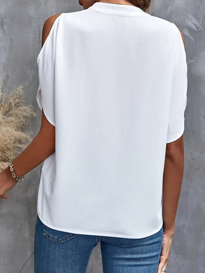 Women’s Elegant V-Neck Off-Shoulder Shirt – Solid Color Office Blouse Y2K Summer Top
