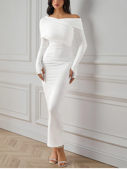 Women’s One Shoulder Asymmetric Elegant Maxi Dress – Long Sleeve Ruched Party Gown