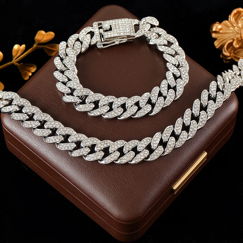 Women’s Thick Cuban Chain Jewelry Set – Necklace & Bracelet, Waterproof Punk Style