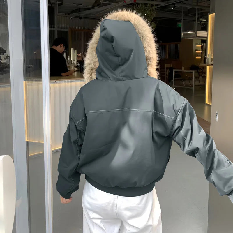 Women’s Fur Collar Jacket Outerwear – Short Hooded Retro Jacket