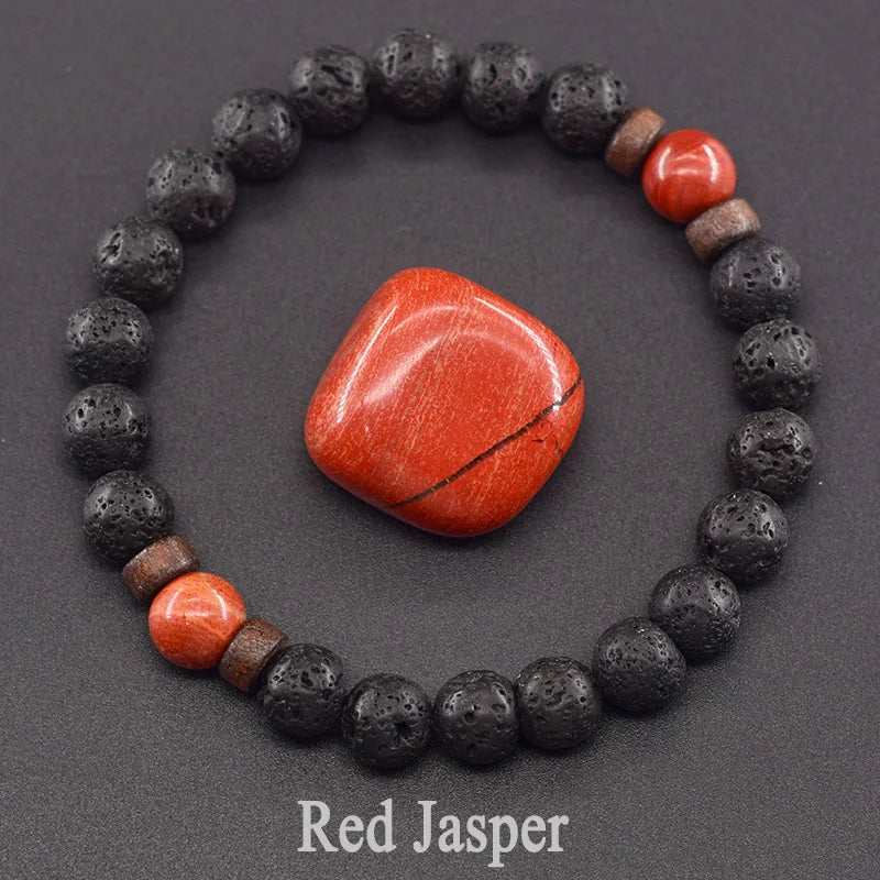 Men’s Tiger Eye & Lava Stone Bead Bracelet – Tibetan Buddha Elastic Wristband Jewelry