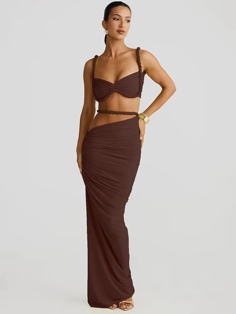 Women’s Elegant Ruched Two-Piece Set | Square Collar Summer Vacation Party Set