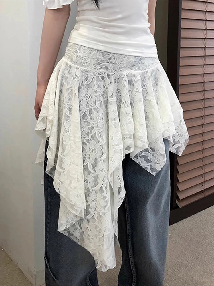 Women’s Asymmetrical Lace Skirt Pants Bottom – High Waist Layered Y2K Vintage Skirt