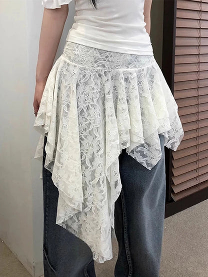 Women’s Asymmetrical Lace Skirt Pants Bottom – High Waist Layered Y2K Vintage Skirt