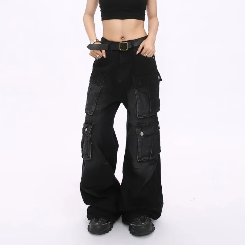 Women’s Cyber Y2K Washed Black Baggy Cargo Jeans Bottom – Wide Leg Streetwear