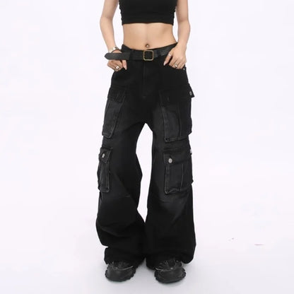 Women’s Cyber Y2K Washed Black Baggy Cargo Jeans Bottom – Wide Leg Streetwear