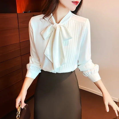 Women’s Elegant Bow Neck Chiffon Shirt Top | Long Sleeve Korean Office Blouse Y2K Workwear