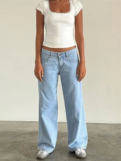 Women’s Jeans Bottom – Low Waist Straight Denim Pants with Pockets Casual Y2K Streetwear