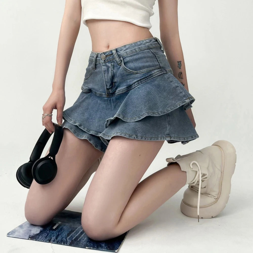 Women’s Vintage Denim Skirt Shorts Bottom – High Waist A-Line Ruffle Mini Jeans Skirt for Summer
