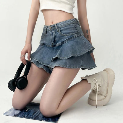 Women’s Vintage Denim Skirt Shorts Bottom – High Waist A-Line Ruffle Mini Jeans Skirt for Summer
