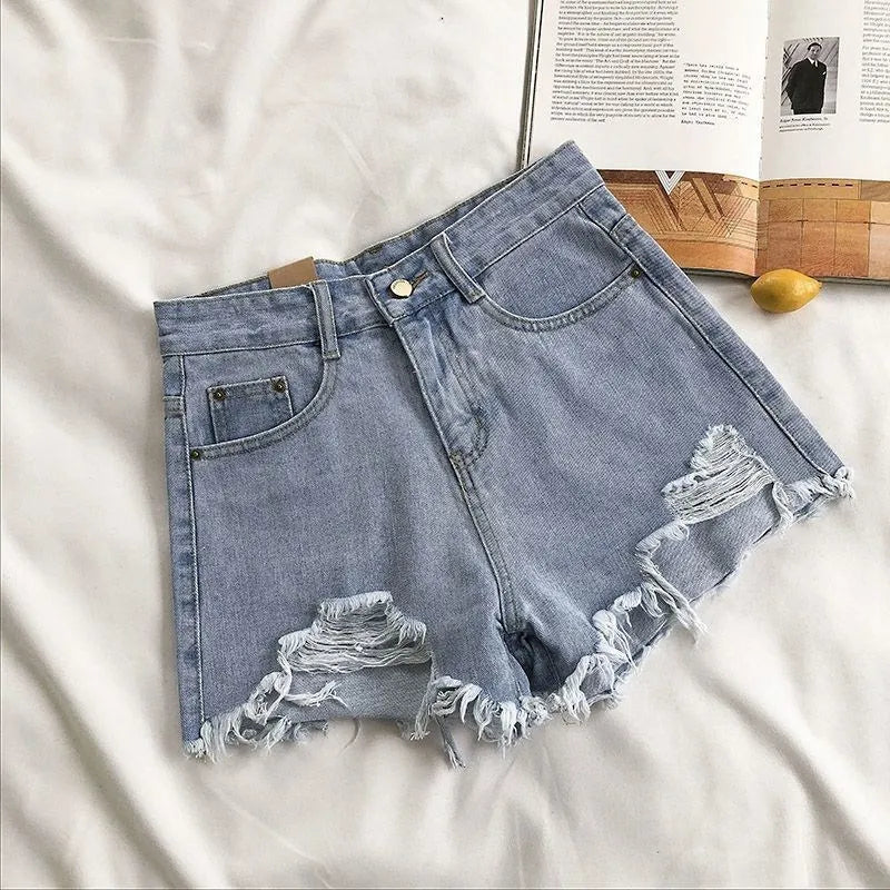 Women’s High Waist Denim Shorts Bottom – Korean Y2K Ripped Jeans Shorts with Pockets & Tassels Summer Streetwear