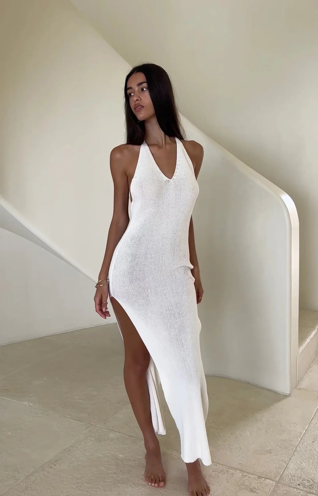 Women’s Backless Knitted Halter Maxi Dress – Elegant Sleeveless High Split Summer Dress