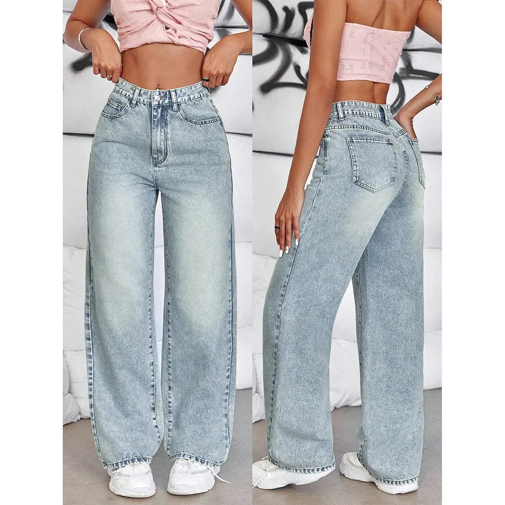 Women’s Wide Leg Jeans – High Waist Vintage Washed Denim Pants Bottom