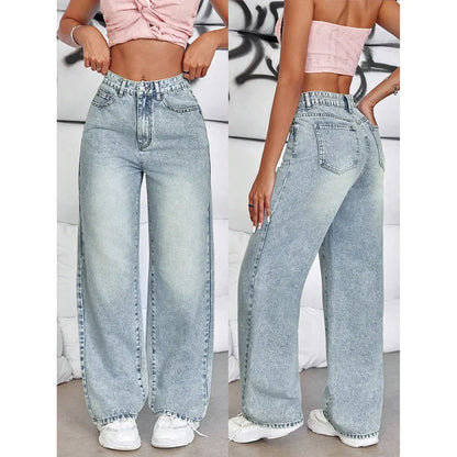 Women’s Wide Leg Jeans – High Waist Vintage Washed Denim Pants Bottom
