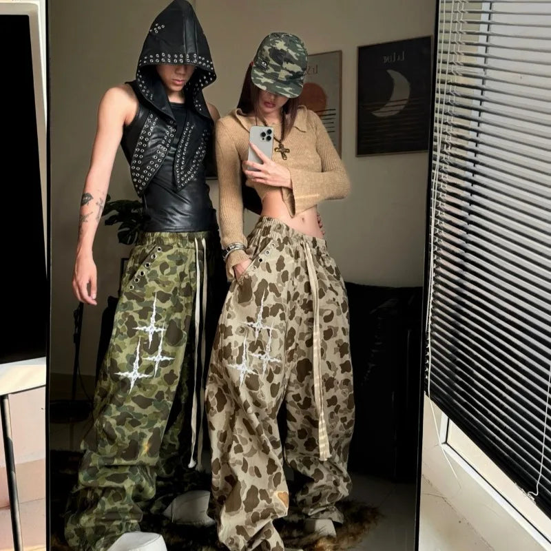 Women’s Vintage Camouflage Print Pants – Y2K High Waist Jazz Style Loose Casual Bottoms