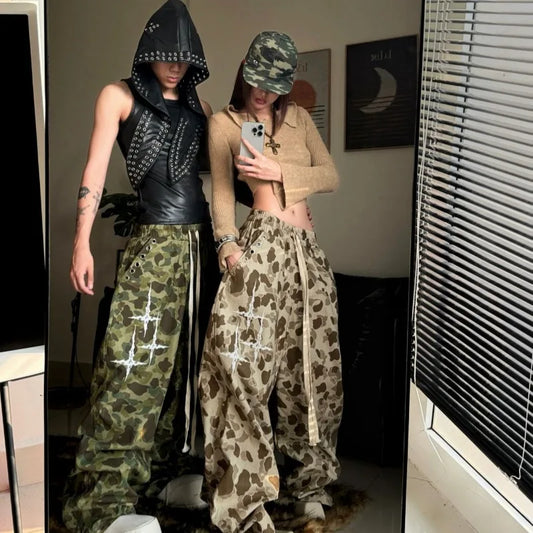Women’s Vintage Camouflage Print Pants – Y2K High Waist Jazz Style Loose Casual Bottoms