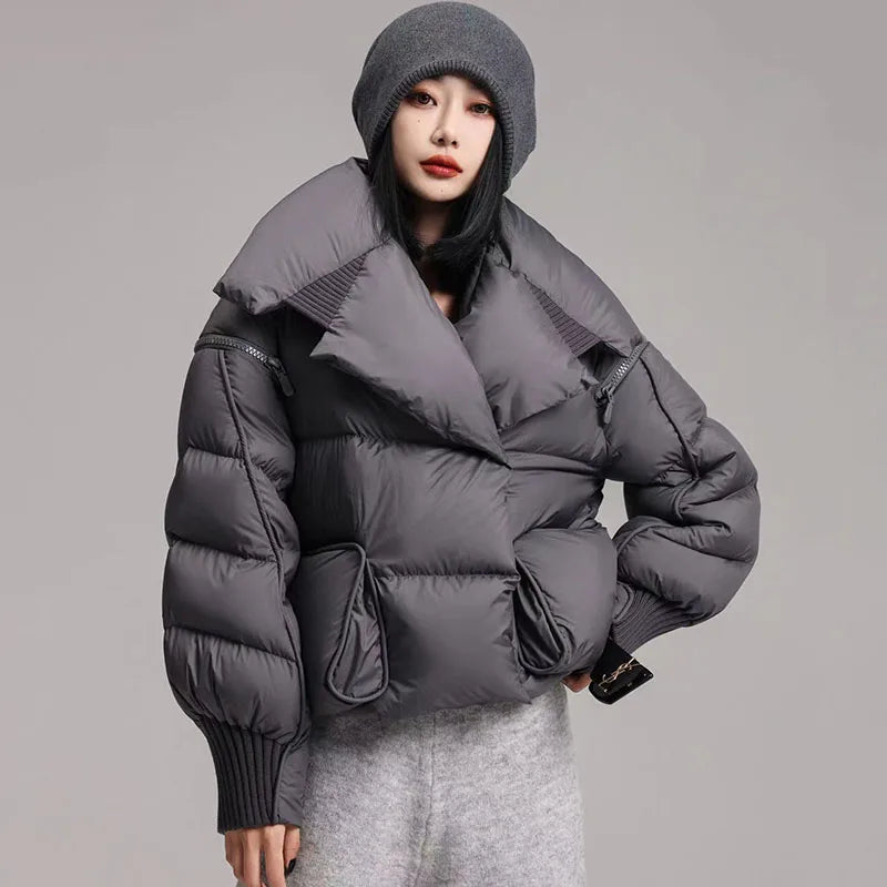 Women’s Down Jacket Outerwear – Knitted Patchwork Lapel Puffer Jacket