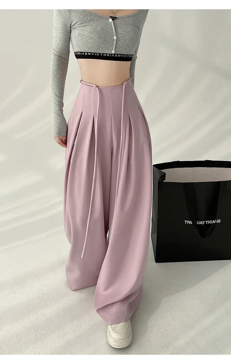 Women’s Streetwear Wide Leg Pants Bottom – Korean High Waist Lace-Up Suit Trousers, Elegant Black Summer Fashion